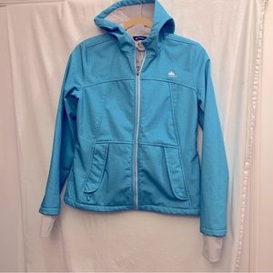 NOZU turquoise lined jacket with hood and front zip. Size L 14/16 waterproof